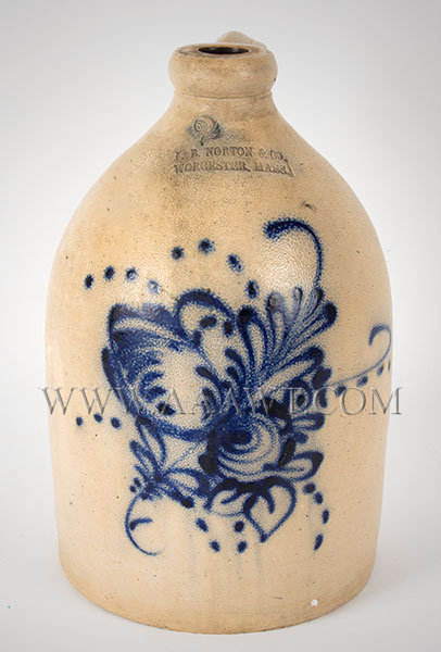 Stoneware Jug, F.B. Norton, Worcester, Massachusetts, Two Gallon, Floral Stylized floral design featuring slip dotted trails, entire view